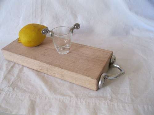 CARROL BOYES WOOD AND PEWTER CHOPPING BOARD AND TOT GLASS - TEQUILA TIME!