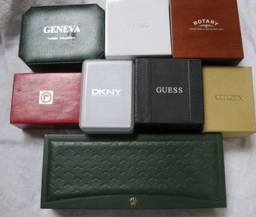 8 WATCH CASES: ROLEX, ROAMER, ROTARY, CITIZEN, DKNY, GUESS, SEIKO. GENEVA