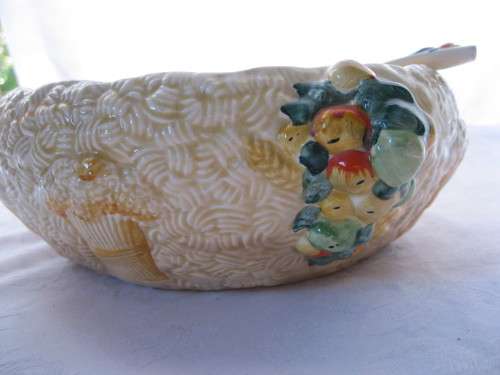 Large Clarice Cliff Harvest table bowl with a serving spoon. 1936-1938