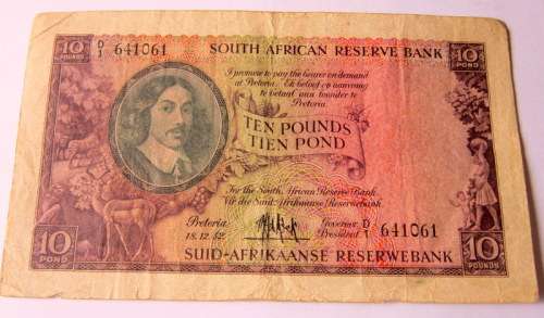1952 10 pound banknote in English and Afrikaans.
