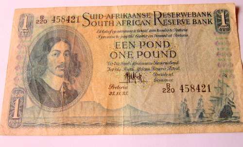 1955 1 pound bank note in English and Afrikaans.