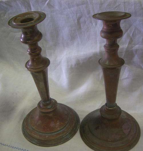 HANDSOME COPPER CANDLE STICK SET - JUST NEEDS A LITTLE REPAIR