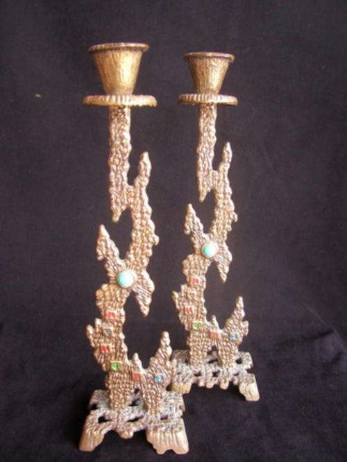 TWO BEAUTIFUL AND DIFFERENT BRASS CANDLE STICKS WITH HOROSCOPE SYMBOLS AND LOVELY TURQOUISE STONES