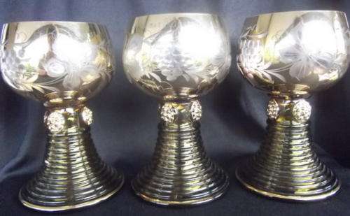 THREE GERMAN BEAUTIES!!  GILDED HAND CUT CRYSTAL WINE GOBLETS!!  14 CM HIGH