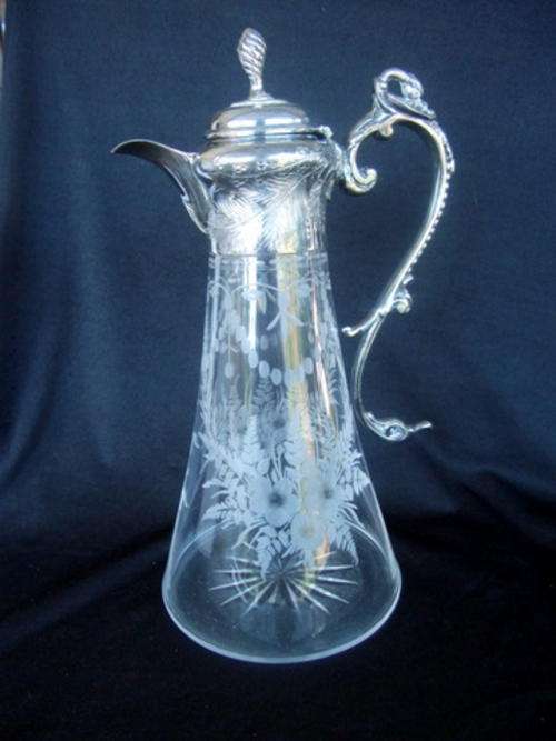 ANOTHER LOVELY SILVER PLATED AND ETCHED GLASS CLARET    OVER 100 YEARS OLD