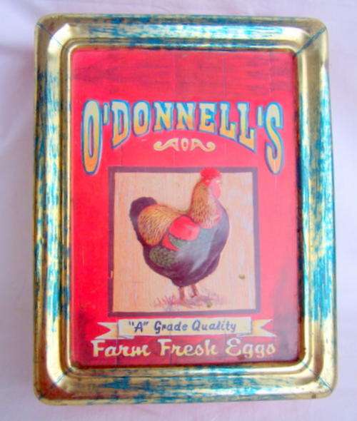 STUNNINGLY COOL TIN - O'DONNELL'S FARM FRESH EGGS WITH EMBOSSED CHICKEN ON THE LID