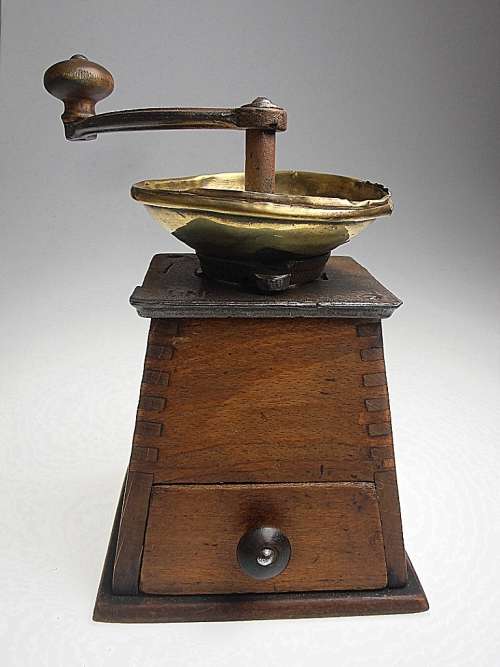 Antique original coffee mill, grinder, wood and brass