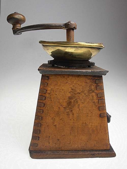 Antique original coffee mill, grinder, wood and brass