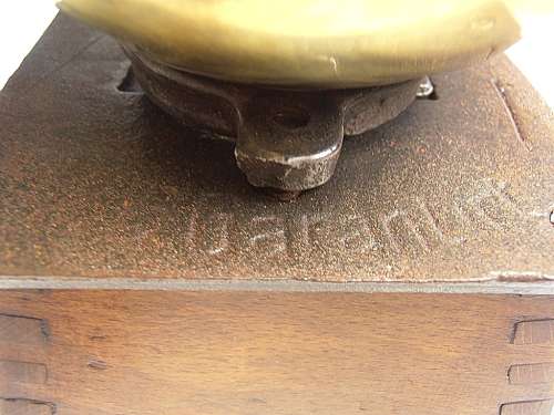 Antique original coffee mill, grinder, wood and brass