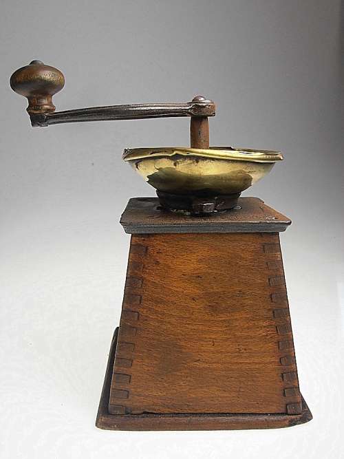 Antique original coffee mill, grinder, wood and brass