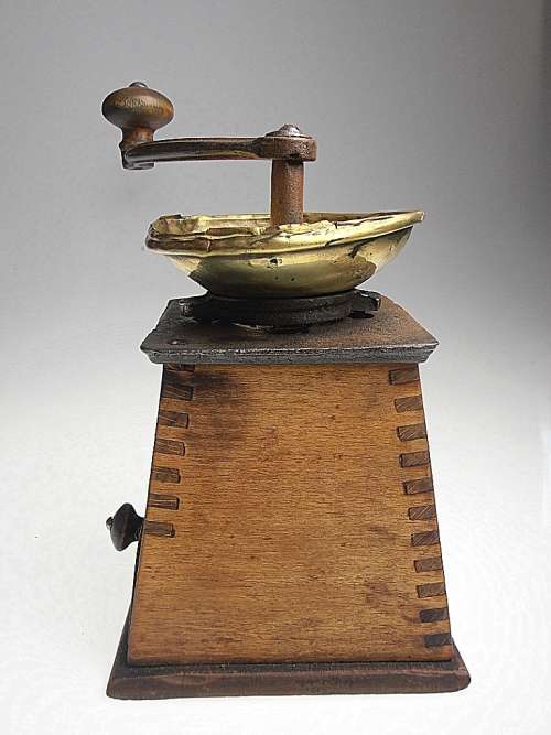 Antique original coffee mill, grinder, wood and brass