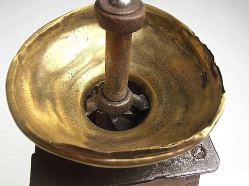 Antique original coffee mill, grinder, wood and brass
