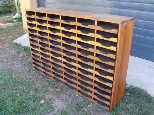 Fantastic large vintage wooden pigeon hole filing cabinet, wine rack, bookcase, very solid and heavy