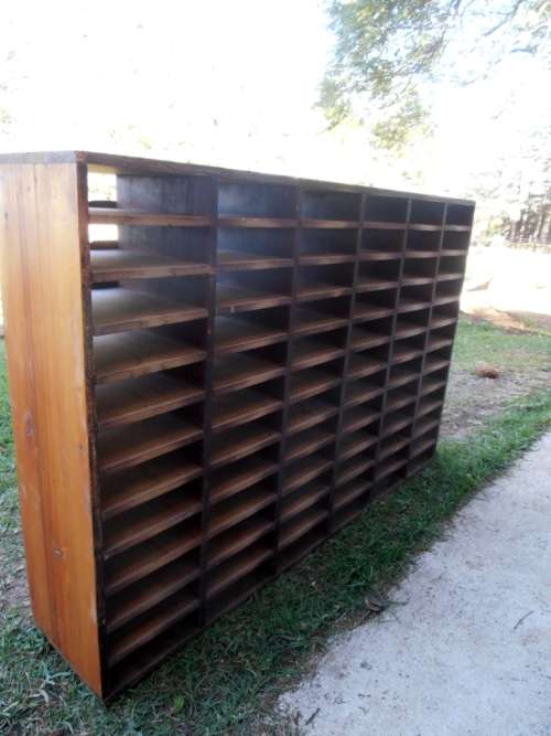 Fantastic large vintage wooden pigeon hole filing cabinet, wine rack, bookcase, very solid and heavy