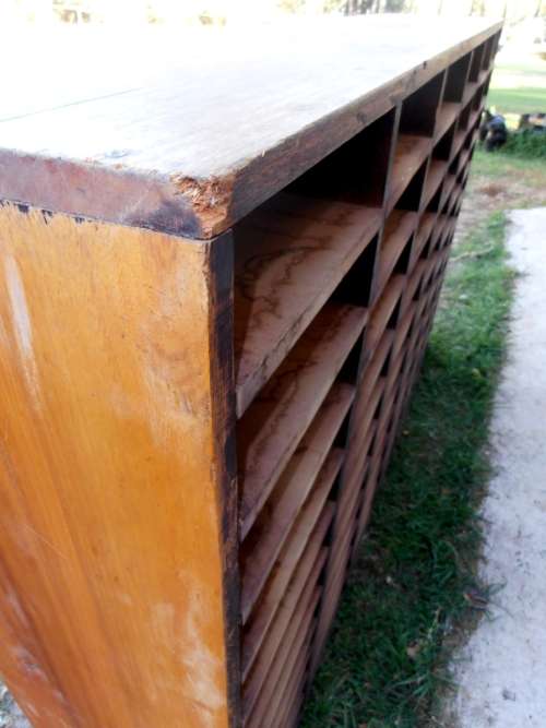 Fantastic large vintage wooden pigeon hole filing cabinet, wine rack, bookcase, very solid and heavy