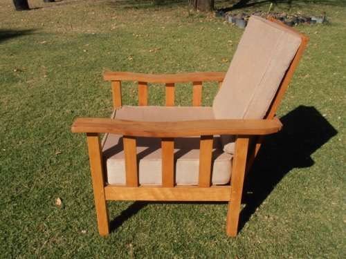 A lovely solid Morris chair with cushions, (one of three available)