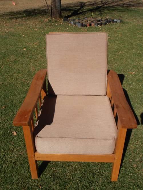 A lovely solid Morris chair with cushions, (one of three available)