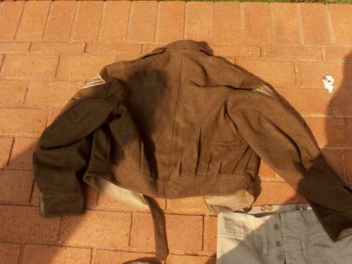 Large lot military clothing, WW2 to 1960's, battle dress, coat, balsak, bag, beige shorts & tops etc