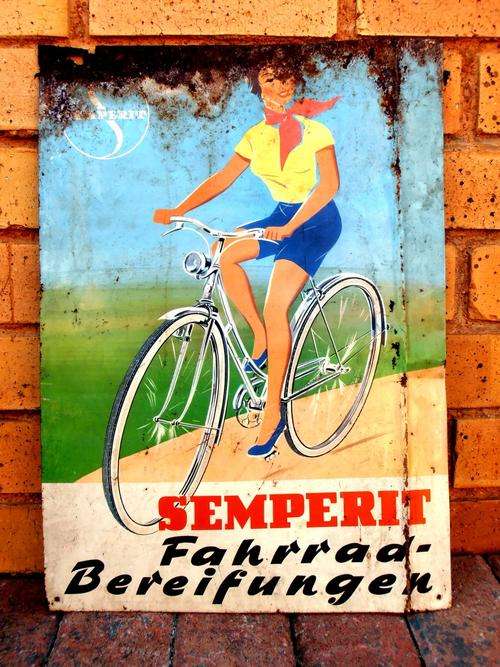 Rare ORIGINAL 1950's Semperit bicycle tyres metal advertising sign, FREE SHIPPING!