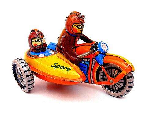 Original vintage MOTORCYCLE WITH SIDECAR tin toy, ZZ Germany