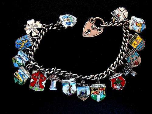Vintage SILVER ENAMEL TRAVEL SHIELD BRACELET (no. 1), FREE SHIPPING!