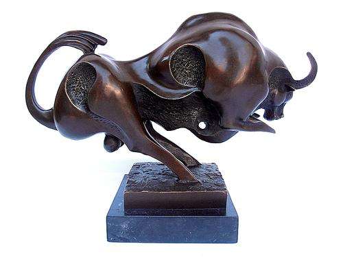 Bronze sculpture on marble base, abstract Bull, signed Milo, 34 cm x 21 cm