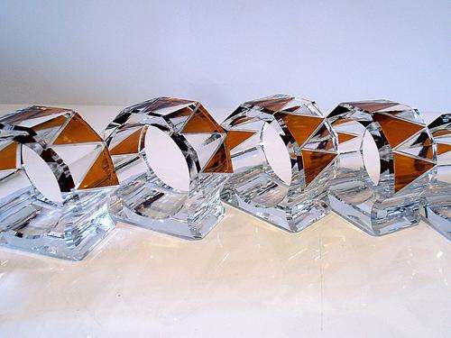 6 ART DECO GLASS SERVIETTE RINGS, NAPKIN HOLDERS
