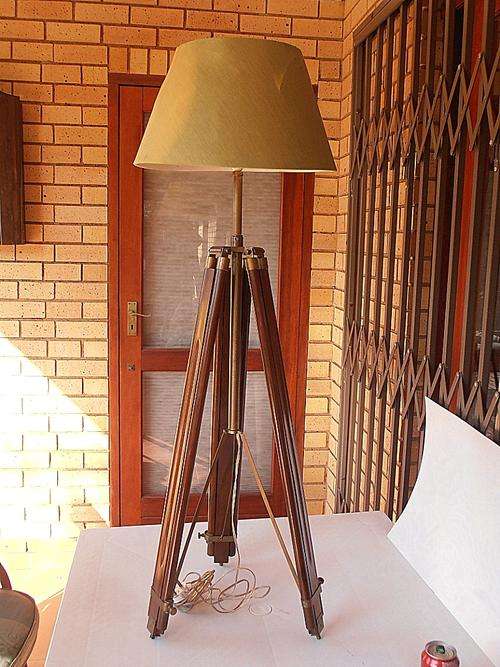Wooden tripod and brass lamp, shade badly damaged and not included
