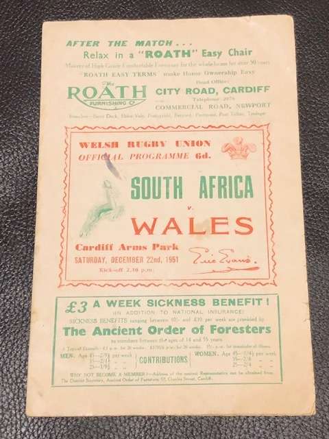 Rugby program South Africa versus Wales 22 Dec 1951