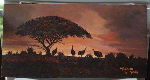 MALACHI SMITH ORIGINAL PAINTING 'GUINEA FOWL SUNSET' !!!!R4840!!!!