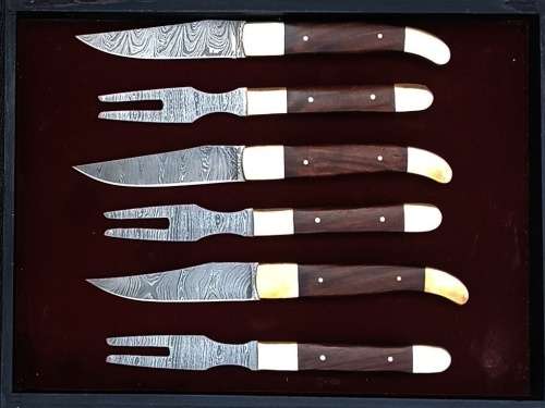 Handmade Damascus Steel 3 piece fork and knife set