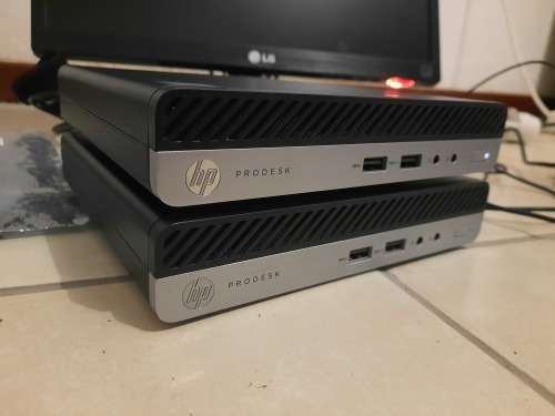 HP Prodesk 400 G5 Mini PC: I3 9th Gen, 8GB RAM, 128GB NVME SSD, Intel UHD Graphics.