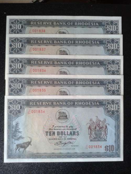 RHODESIA $10 BANK NOTES 5 notes  LOW NUMBERS in sequential order unc( bulk lot)