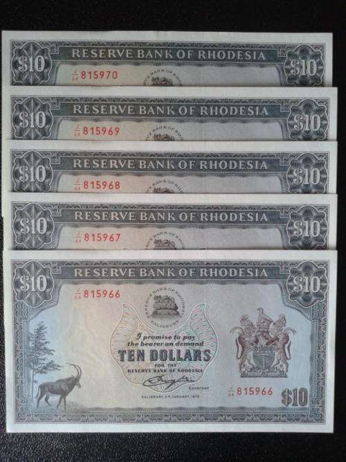 RHODESIAN 2nd Jan 1979 $10 BANK NOTES (5 NOTES)  in sequential order unc l