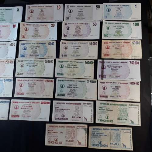 Complete of Zimbabwe dollar notes series 1,2,3,4,5 from first issue to 2009