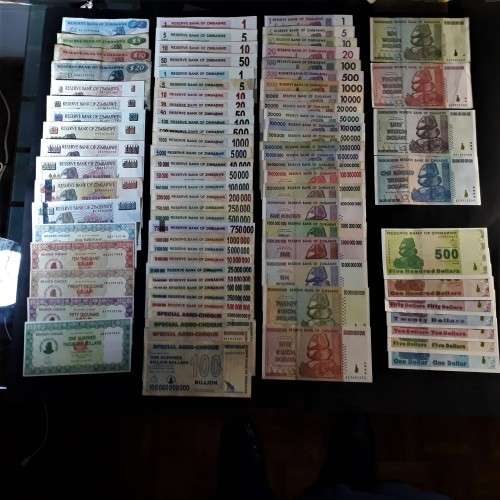 Complete set of Zimbabwe dollar notes series 1,2,3,4,5 from first issue to 2009