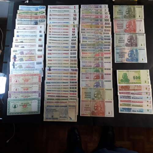 Complete set of Zimbabwe dollar notes series 1,2,3,4,5 from first issue to 2009