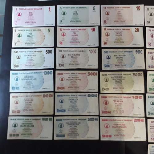 Complete set of Zimbabwe dollar notes series 1,2,3,4,5 from first issue to 2009