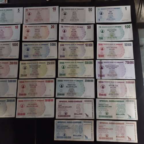 Complete set of Zimbabwe dollar notes series 1,2,3,4,5 from first issue to 2009
