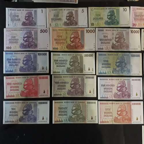 Complete set of Zimbabwe dollar notes series 1,2,3,4,5 from first issue to 2009