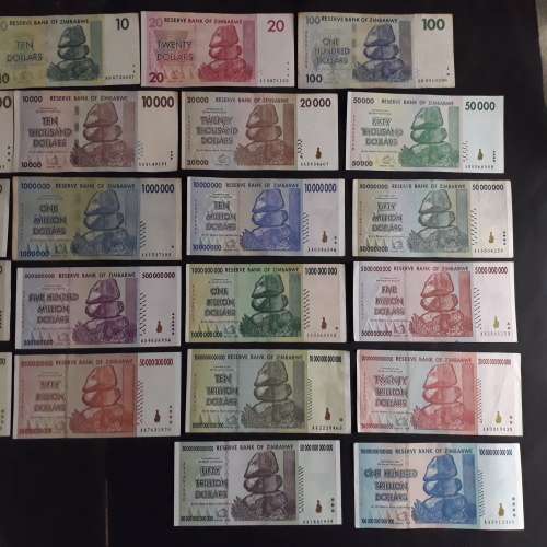 Complete set of Zimbabwe dollar notes series 1,2,3,4,5 from first issue to 2009