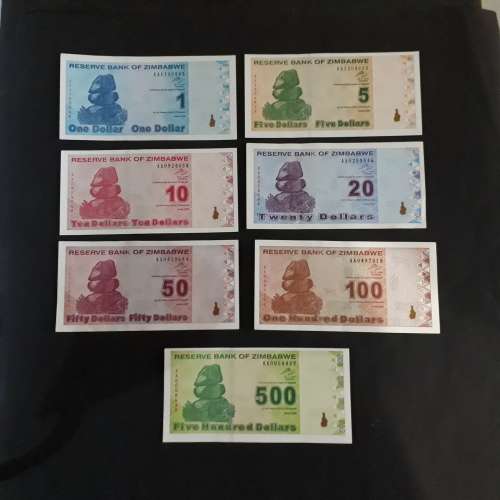 Complete set of Zimbabwe dollar notes series 1,2,3,4,5 from first issue to 2009