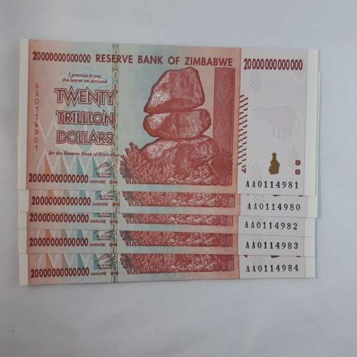 5 ZIMBABWE 20 TRILLION DOLLAR NOTES IN SEQUENTIAL ORDER UNC (5NOTES)