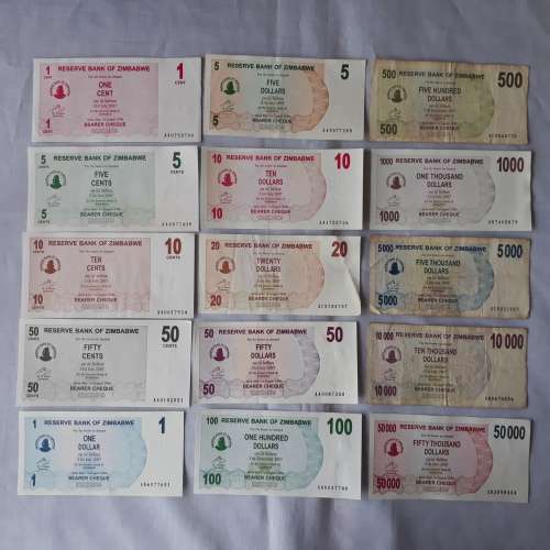 Zimbabwe dollar notes complete set from 1980 to 2009 ,series 1,2,3,4&5