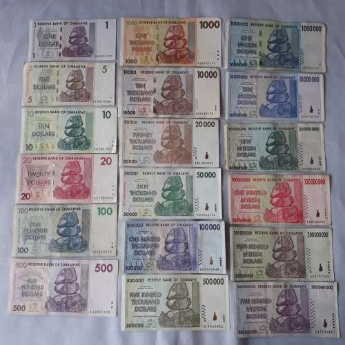 Zimbabwe dollar notes complete set from 1980 to 2009 ,series 1,2,3,4&5