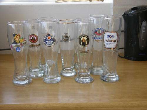 9 X .5litre Glasses from England -Mainly German beers Very collectable
