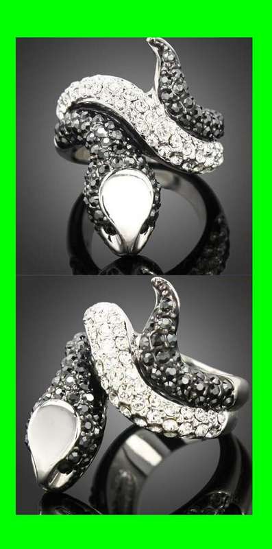 * R1 No Res * EXOTiC WHiTE 18ct GOLD PLATED BLACK DiAMOND SiMULATED FASHiON SNAKE STYLED RiNG 