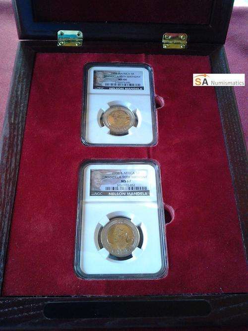 STUNNING WOODEN SET - 2008 Nelson Mandela 90th Birthday R5 Set - MS66 and MS67 !!