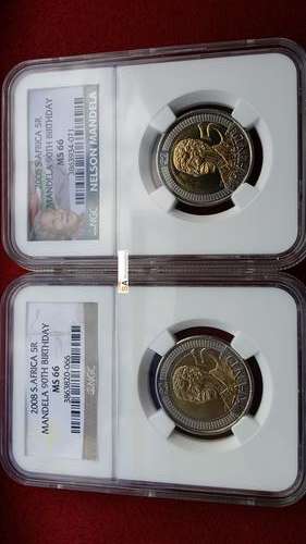 MS66 COMBO - 2008 Nelson Mandela 90th Birthday R5 coin - OLD AND NEW LABEL - NGC Graded Coins !!