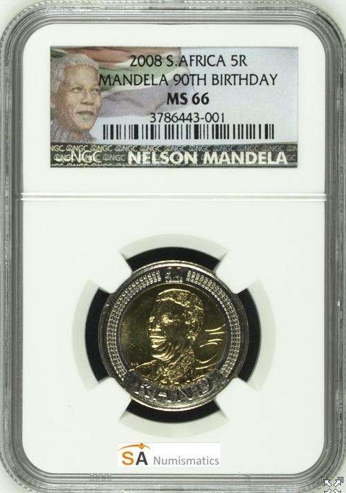 2008 Nelson Mandela 90th Birthday R5 coin - MS66 - NGC Graded Coin !!